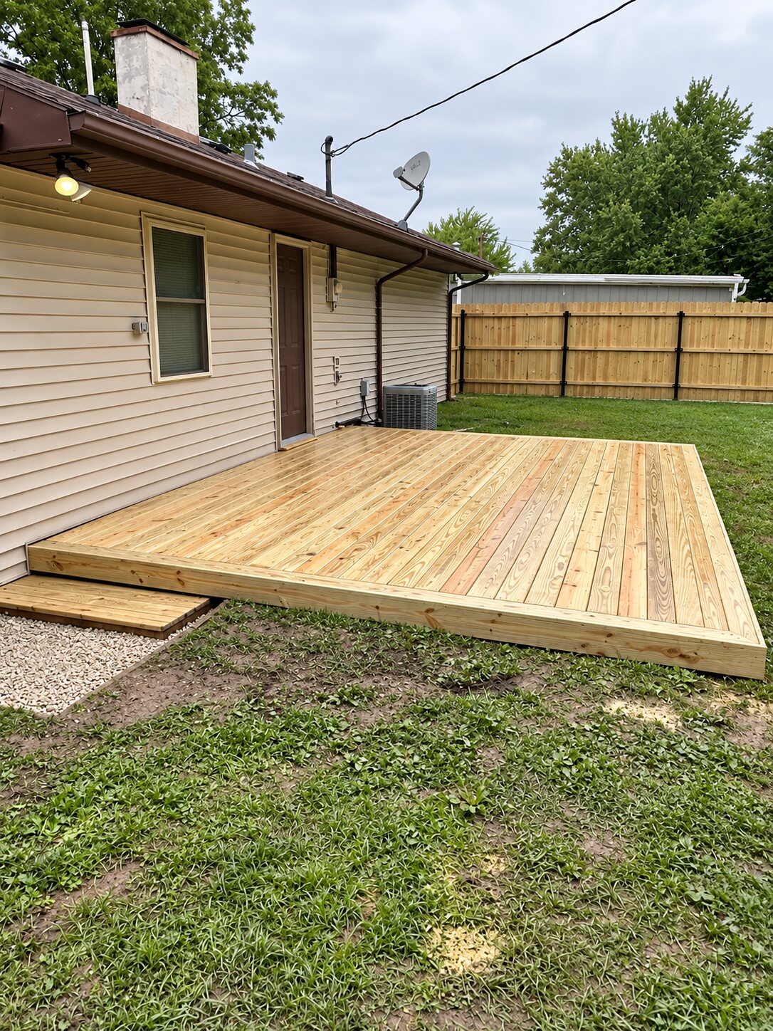 Angled view of the completed wood deck